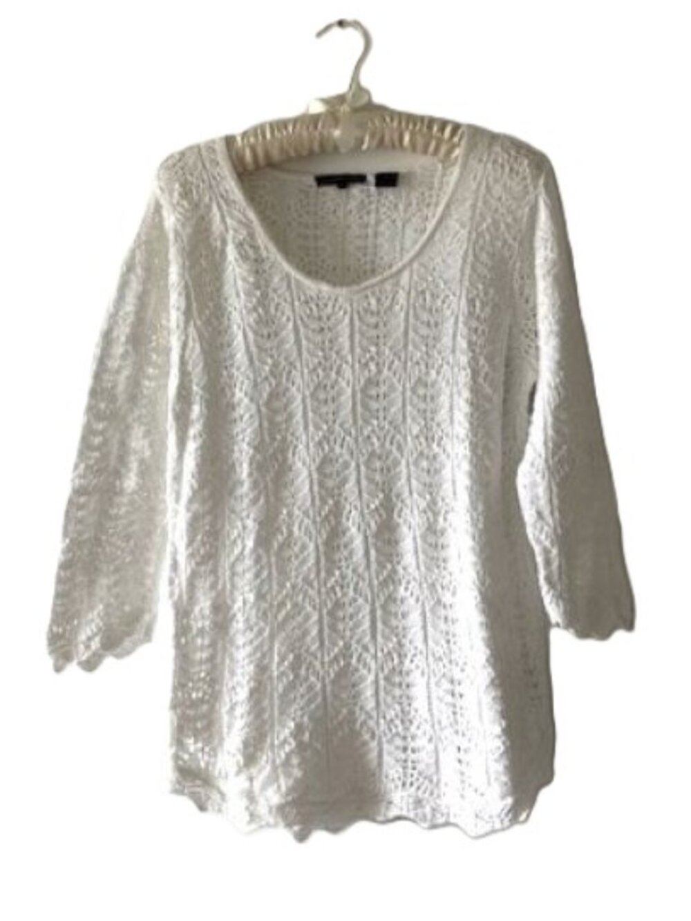 Jeanne Pierre White Cotton Lace Sweater with Scalloped Edges and 3/4 Sleeves